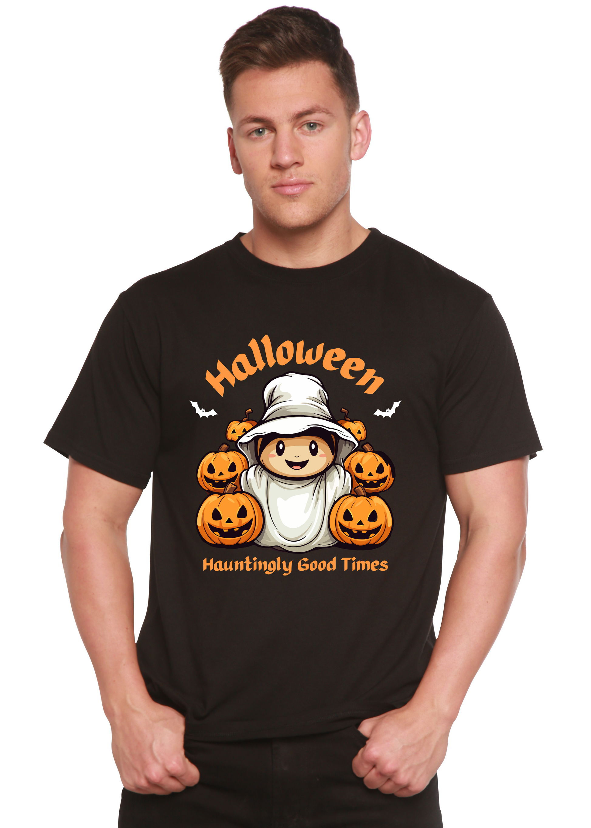 Men's black Halloween graphic T-shirt with a hooded figure surrounded by pumpkins on Tampa Home & Garden Store