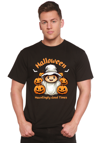 Men's black Halloween graphic T-shirt with a hooded figure surrounded by pumpkins on Tampa Home & Garden Store