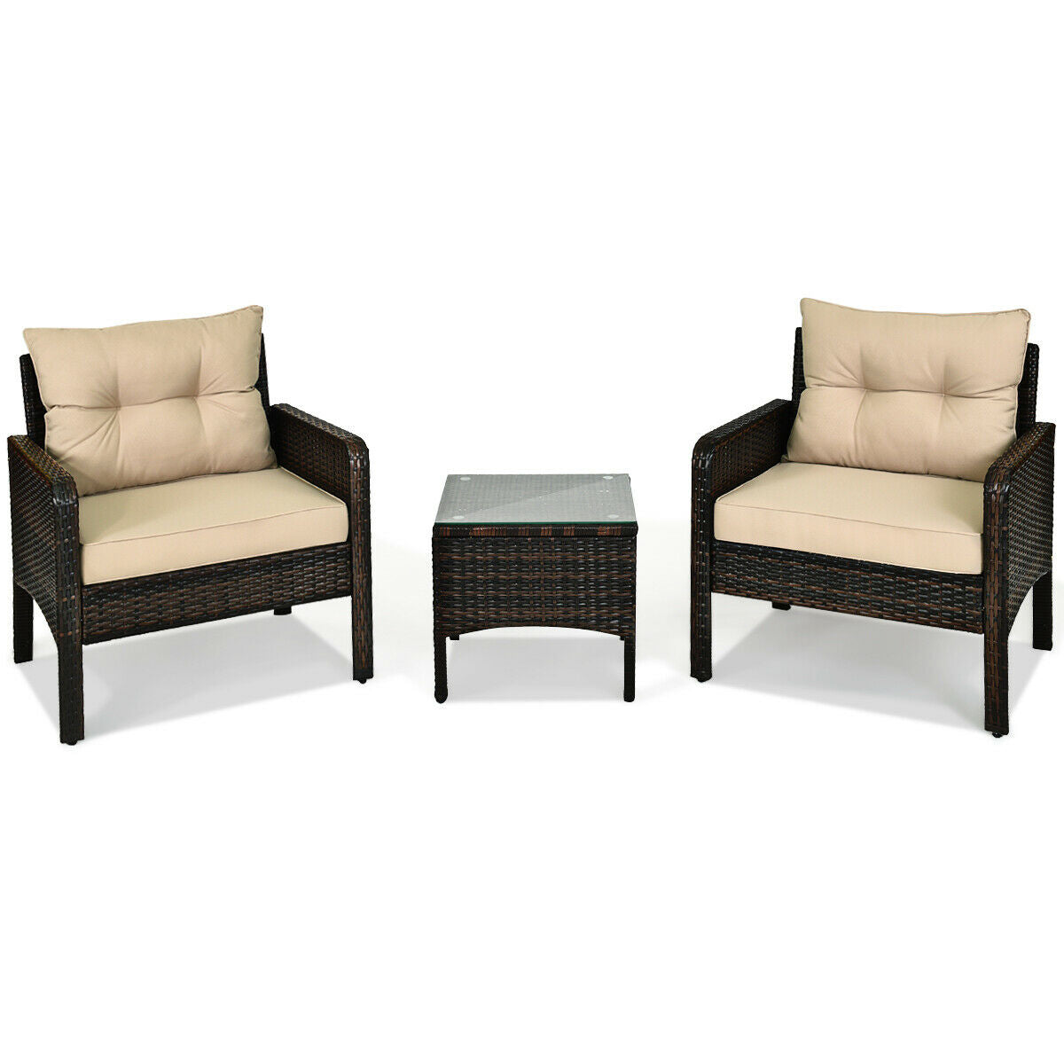 Juego de 3 piezas de conversación para patio exterior de ratán con cojines de asiento - Beige