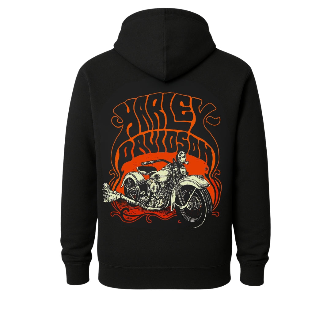 Motorcycle Rider Hoodie back print with orange Harley-Davidson-style bike illustration on Tampa Home & Garden Store