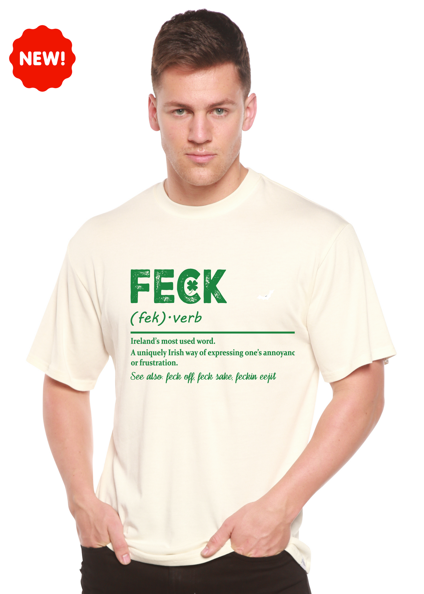 Feck Irish St Patrick's Day bamboo/cotton T-shirt cream with green FECK print Spun Bamboo on Tampa Home & Garden Store