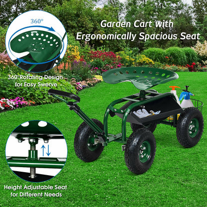 Carro de jardín de servicio pesado con bandeja de herramientas y asiento giratorio 360°-Verde