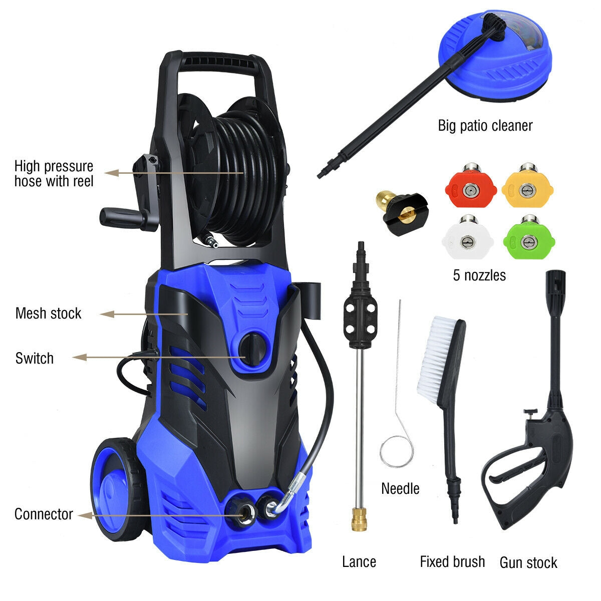 Hidrolavadora eléctrica de alta presión de 3000 PSI con limpiador de patios - Azul