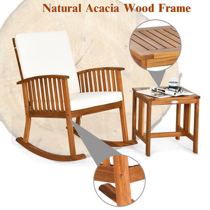 Juego de 2 sillas mecedoras con mesa de patio de madera de acacia