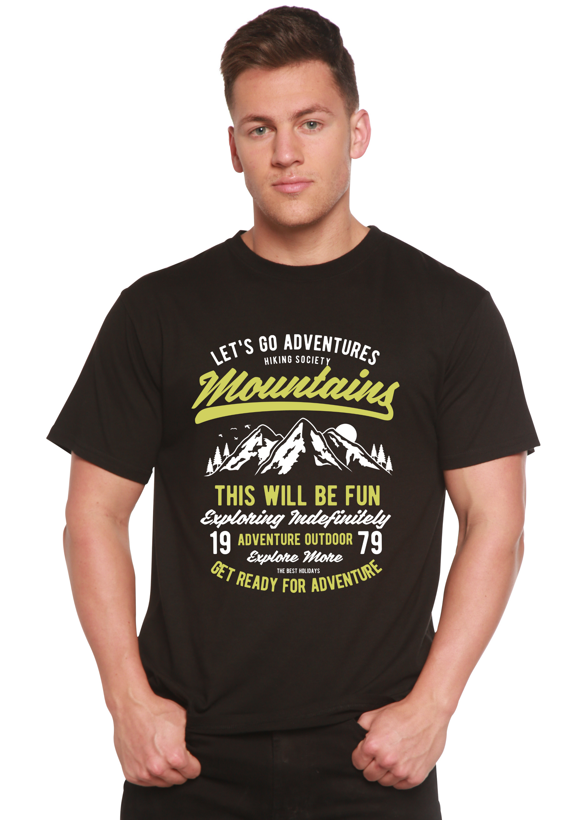 Let's Go Adventure men's black bamboo tee with mountain graphic by Spun Bamboo on Tampa Home & Garden Store
