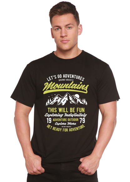 Let's Go Adventure men's black bamboo tee with mountain graphic by Spun Bamboo on Tampa Home & Garden Store