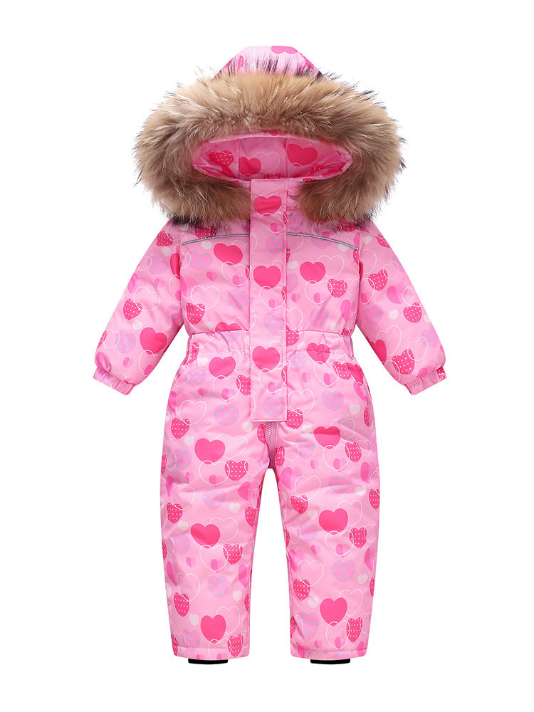 Stevvex pink heart-print kids' puffer jumpsuit with fur-trimmed hood on Tampa Home & Garden Store