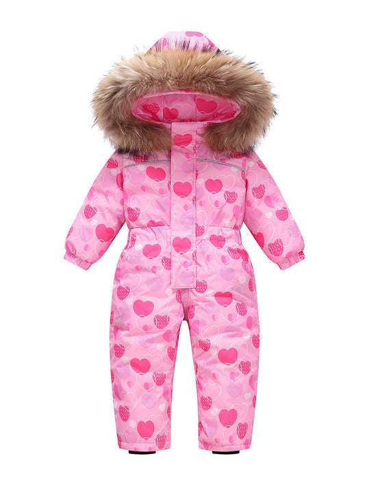 Stevvex pink heart-print kids' puffer jumpsuit with fur-trimmed hood on Tampa Home & Garden Store