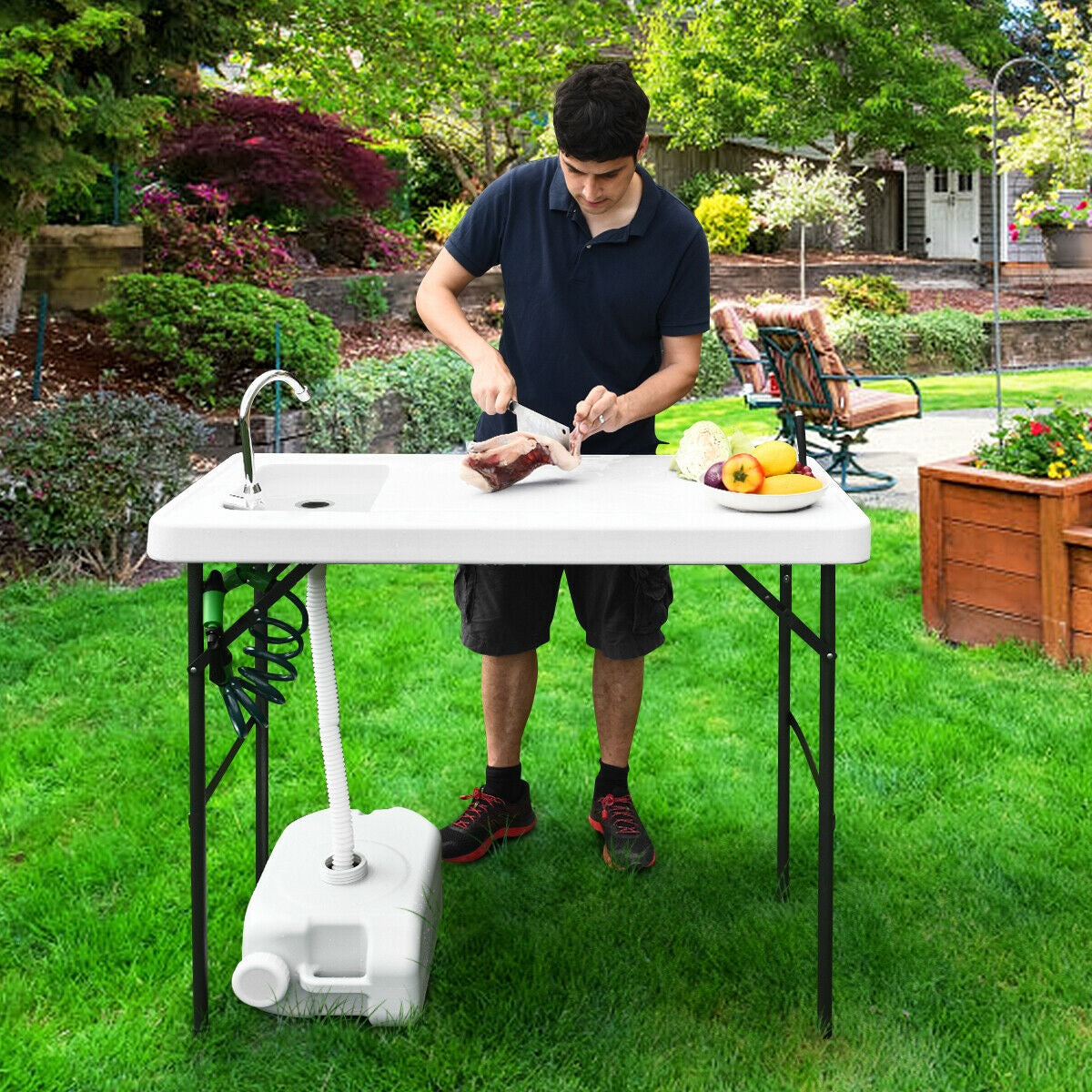 Folding camping table with sink and sprayer, GemGear white top, portable outdoor kitchen on Tampa Home & Garden Store