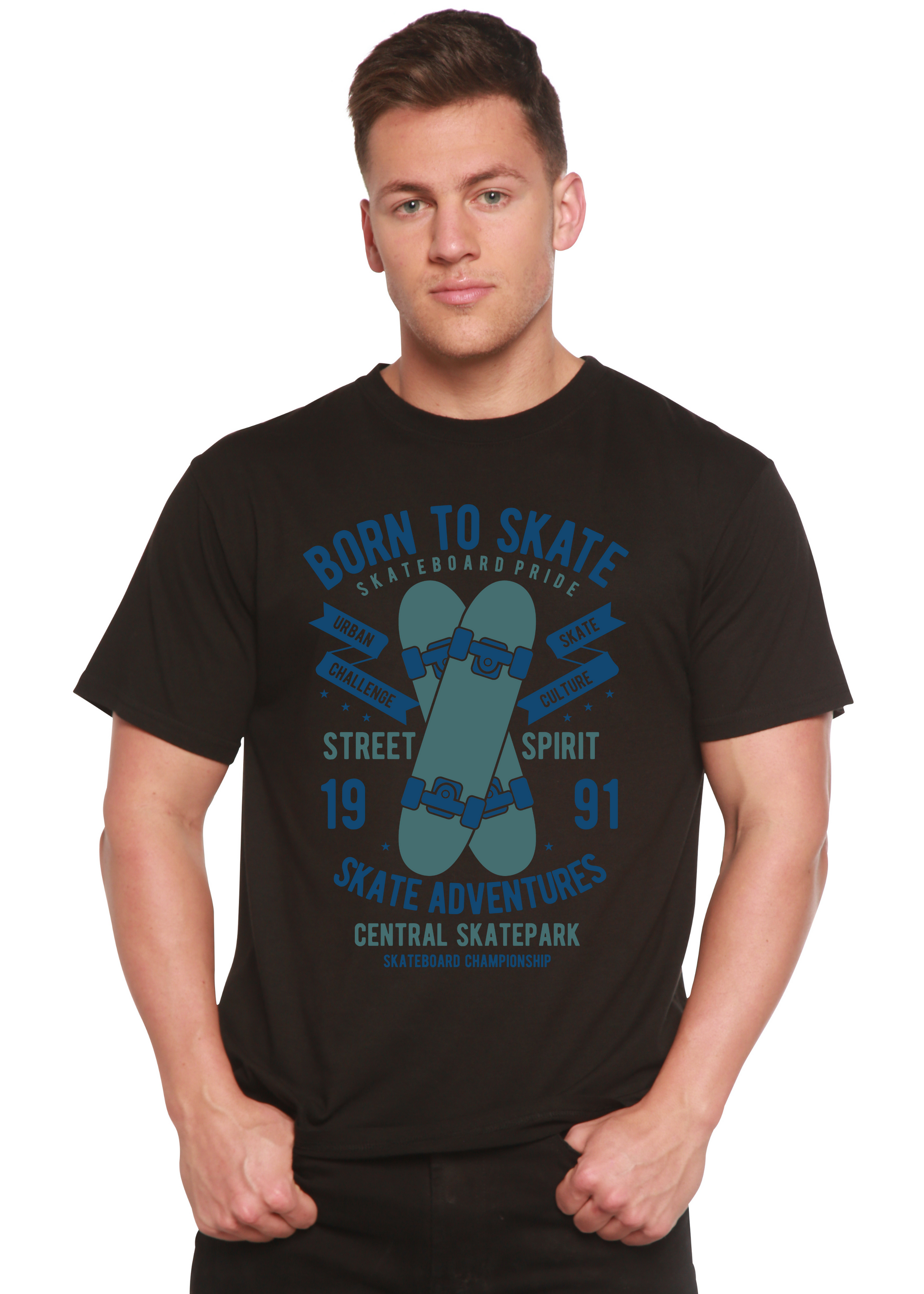 Born To Skate men's bamboo viscose/organic cotton short sleeve graphic tee, black with blue skateboard art Spun Bamboo on Tampa Home & Garden Store