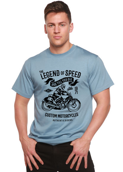 Mens graphic T-shirt The Legend of Speed light blue with black motorcycle print; Spun Bamboo on Tampa Home & Garden Store