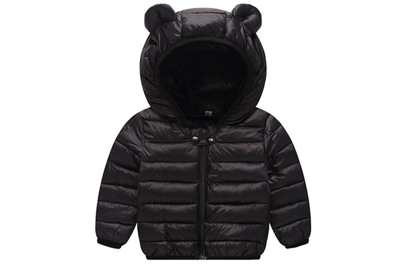 Stevvex black baby puffer jacket with hood and bear-ear design, warm winter outerwear on Tampa Home & Garden Store