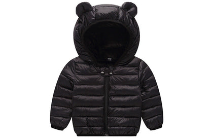 Stevvex black baby puffer jacket with hood and bear-ear design, warm winter outerwear on Tampa Home & Garden Store
