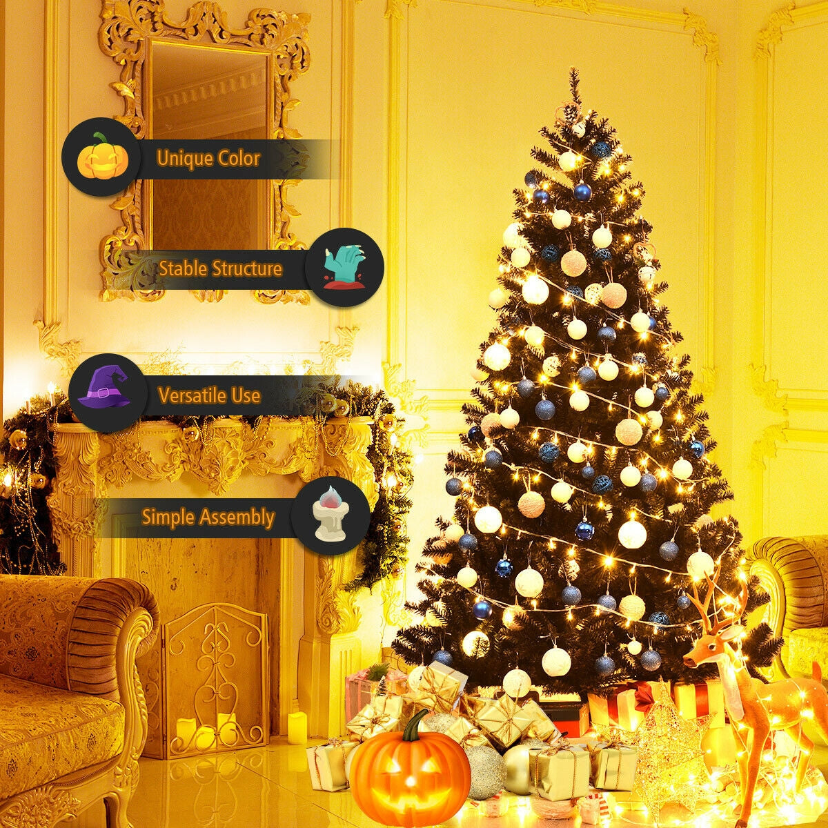 7.5 ft hinged artificial Christmas tree DirectDeals with warm white lights and blue ornaments on Tampa Home & Garden Store