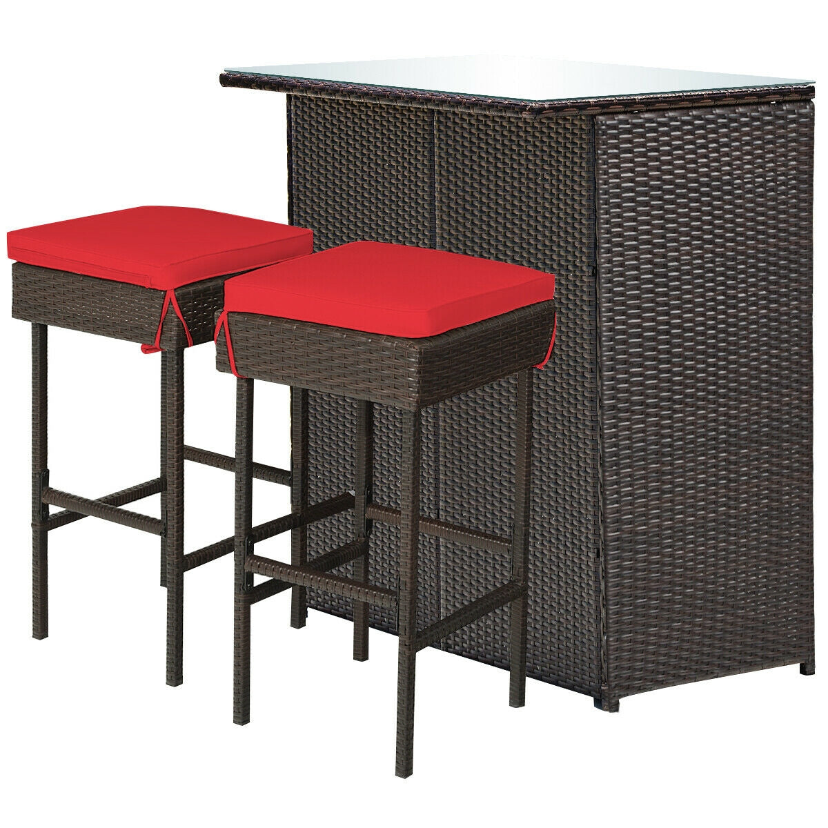 Juego de comedor de 3 piezas para patio de mimbre con mesa alta y taburetes - Rojo