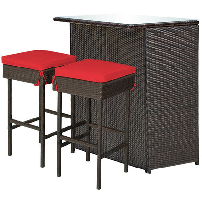 Juego de comedor de 3 piezas para patio de mimbre con mesa alta y taburetes - Rojo