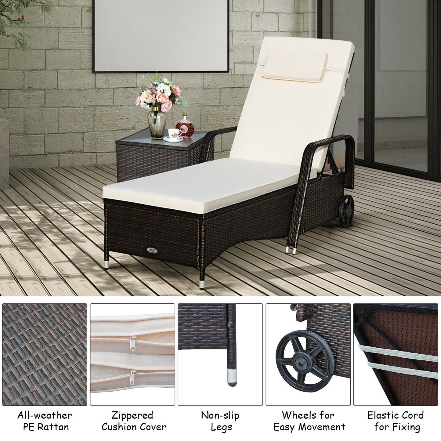 Tumbona reclinable acolchada para exteriores con respaldo ajustable