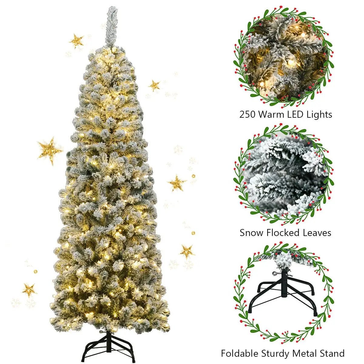 6 ft pre-lit snow-flocked artificial pencil Christmas tree with 250 warm LED lights DirectDeals on Tampa Home & Garden Store