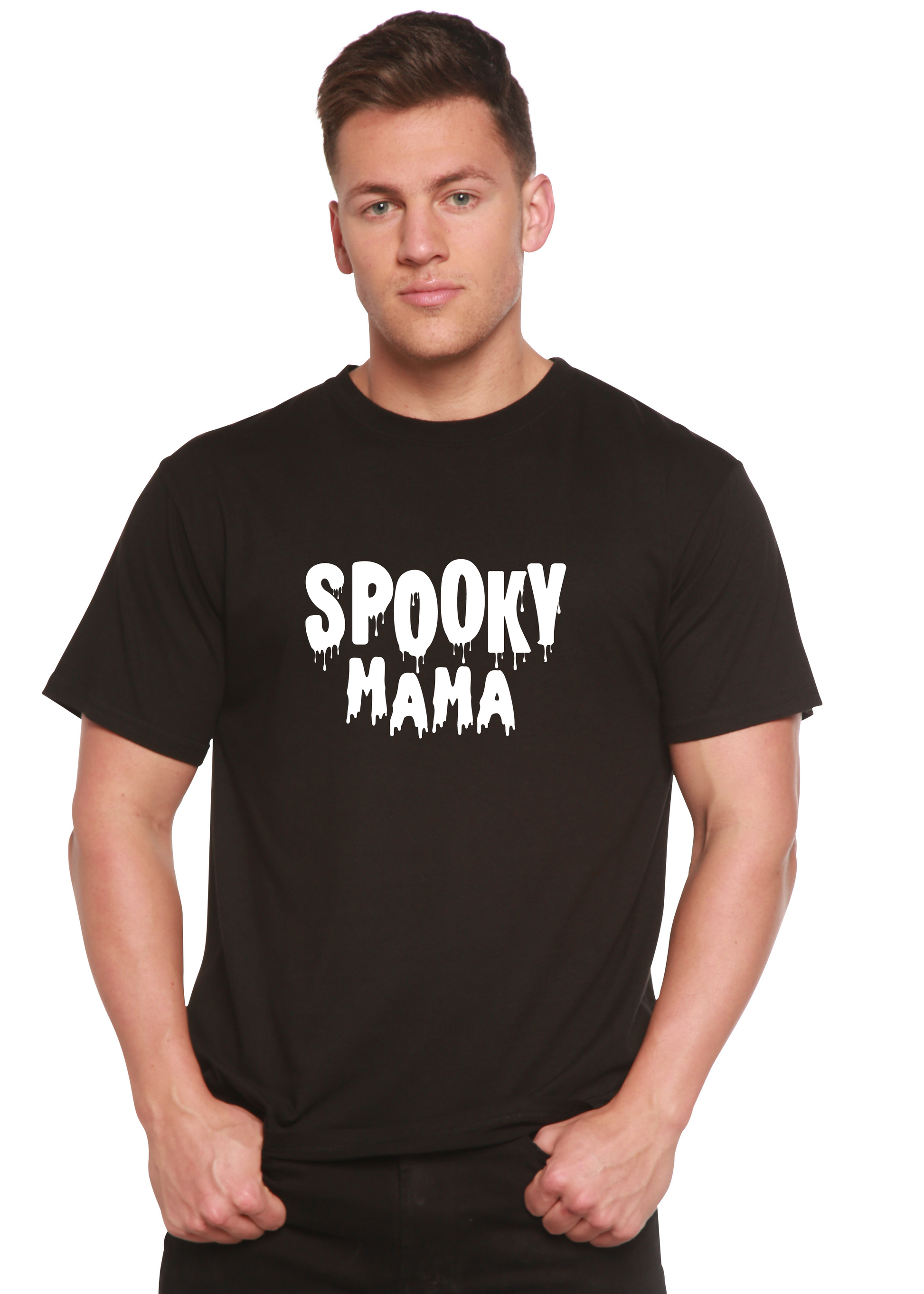 Spooky Mama men's black graphic tee with white dripping text bamboo viscose blend on Tampa Home & Garden Store