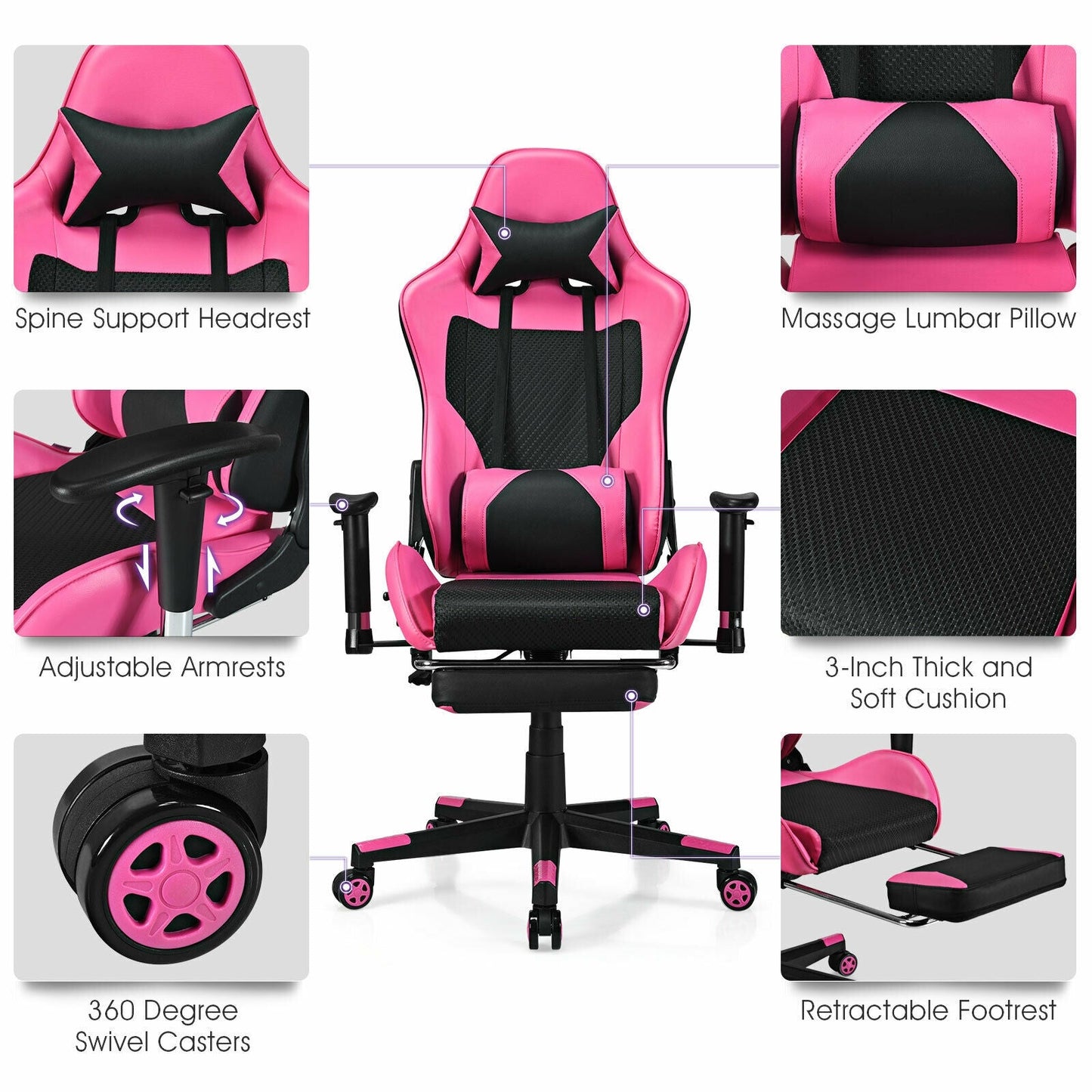 Silla Gaming de Cuero Sintético con Cojín Lumbar de Masaje USB y Reposapiés - Rosa