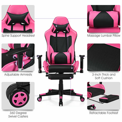 Silla Gaming de Cuero Sintético con Cojín Lumbar de Masaje USB y Reposapiés - Rosa