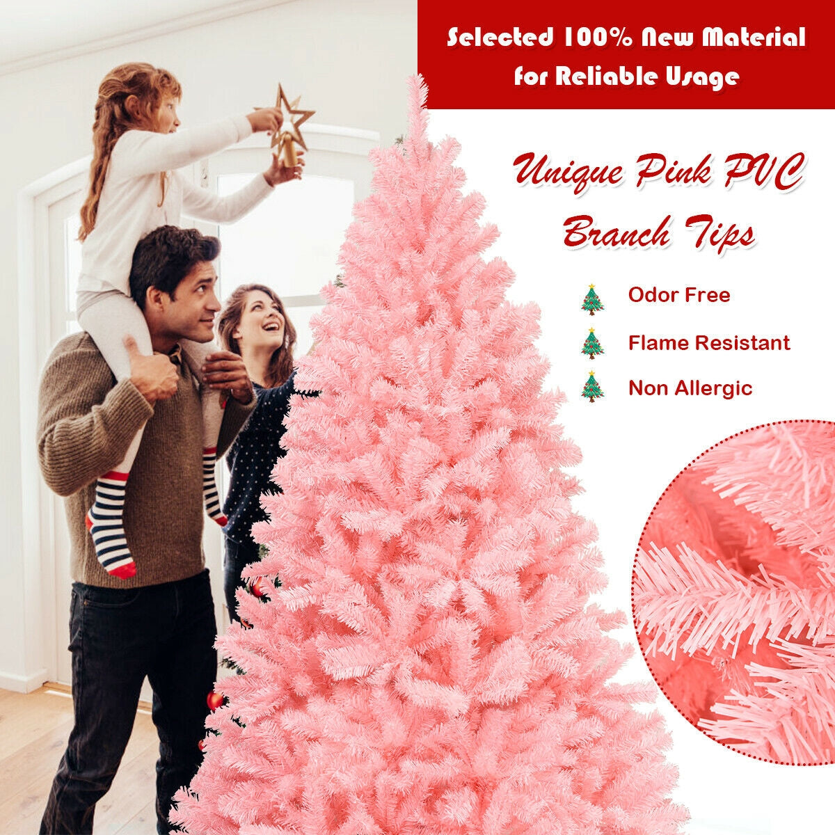 Árbol de Navidad Completo de Abeto Rosa Artificial con Bisagras de 6 Pies con Soporte de Metal Plegable