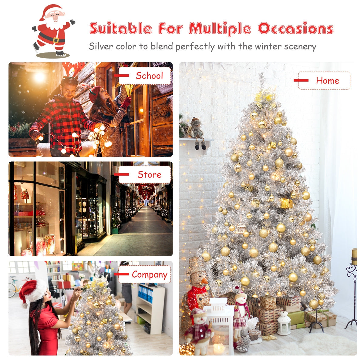 Árbol de Navidad artificial de oropel plateado de 1,8 m con bisagras sin luces y base de metal