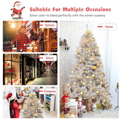 Árbol de Navidad artificial de oropel plateado de 1,8 m con bisagras sin luces y base de metal