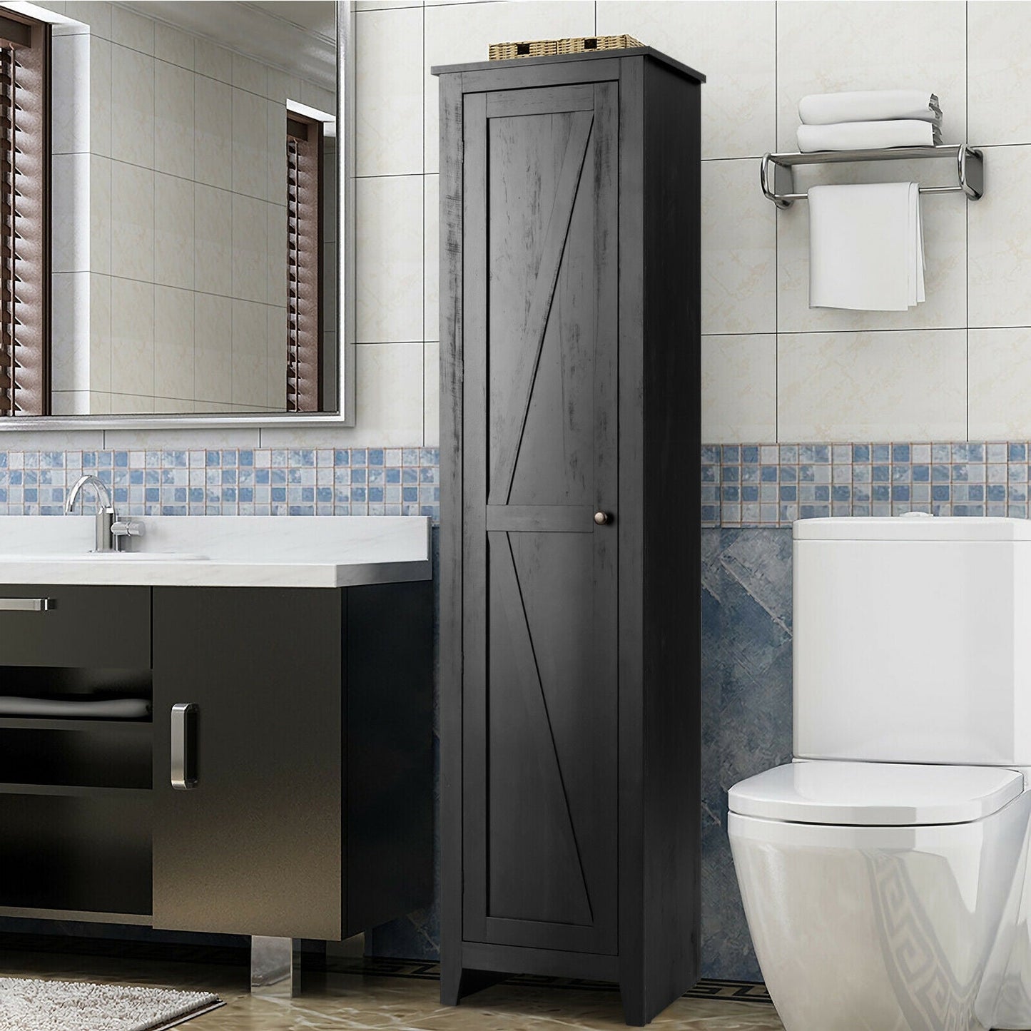 Linen Tower Bathroom Storage Cabinet Tall Slim Side Organizer with Shelf-Walnut