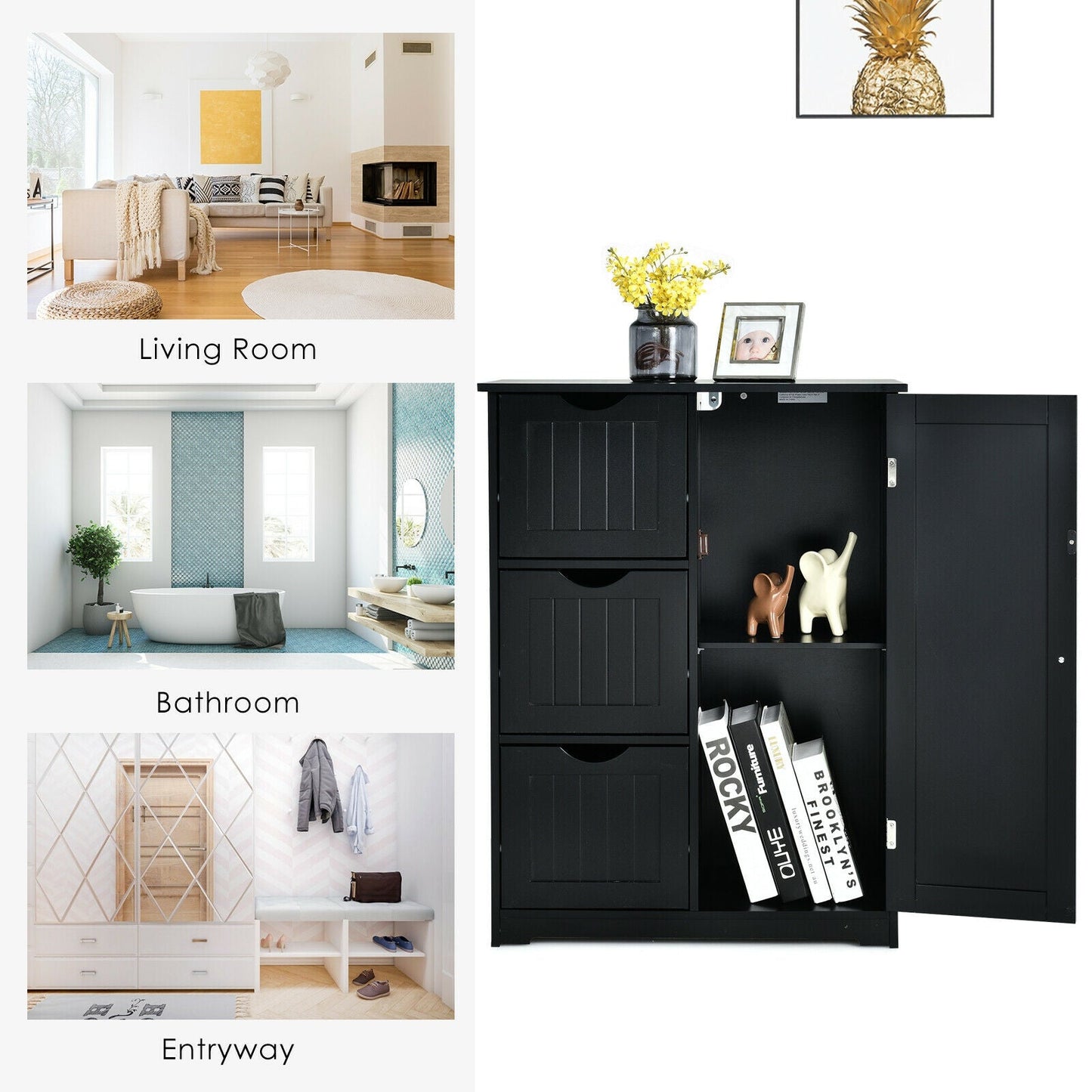Armario de suelo para baño, armario de almacenamiento lateral con 3 cajones y 1 compartimento - Negro