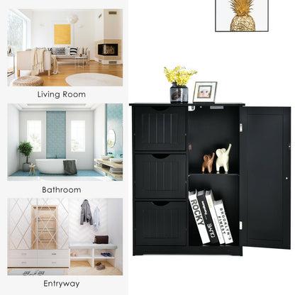 Armario de suelo para baño, armario de almacenamiento lateral con 3 cajones y 1 compartimento - Negro