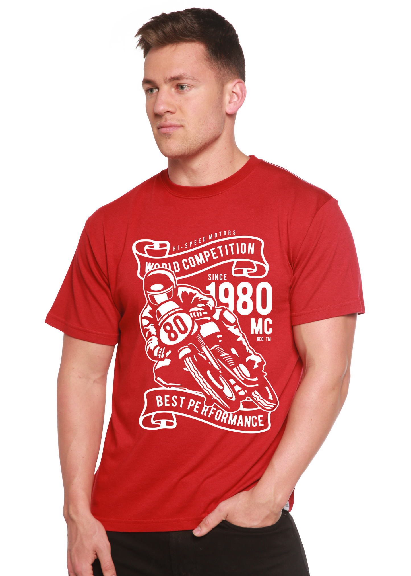 World Competition men's red short-sleeve graphic T-shirt with white motorcycle design by Spun Bamboo on Tampa Home & Garden Store