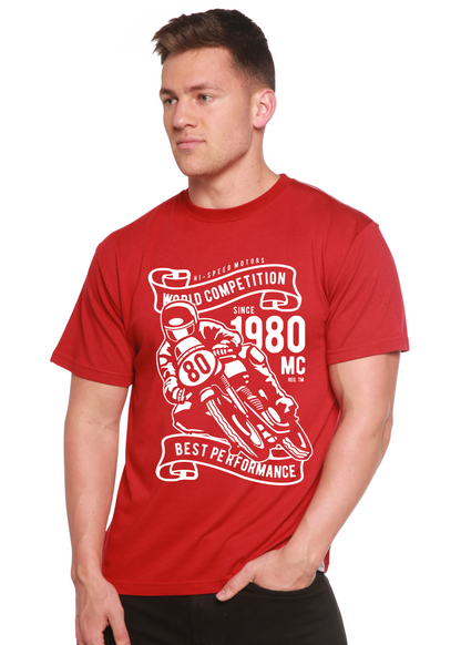 World Competition men's red short-sleeve graphic T-shirt with white motorcycle design by Spun Bamboo on Tampa Home & Garden Store