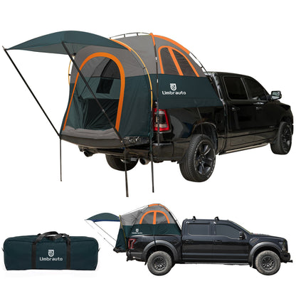 Umbrauto truck bed tent with awning for 5.5–5.8 ft beds; teal with orange trim, PU3000mm waterproof on Tampa Home & Garden Store