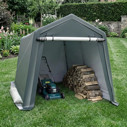 Outdoor Storage Shed 8.3x14 ft gray fabric with roll-up zipper door, lawnmower and wood inside on Tampa Home & Garden Store