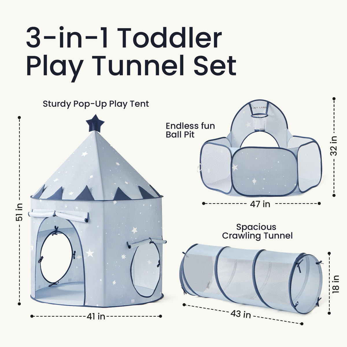 Tiny Land Compact Adventure 3-in-1 Play Tunnel Set blue starry pop-up tent and crawl tunnel on Tampa Home & Garden Store