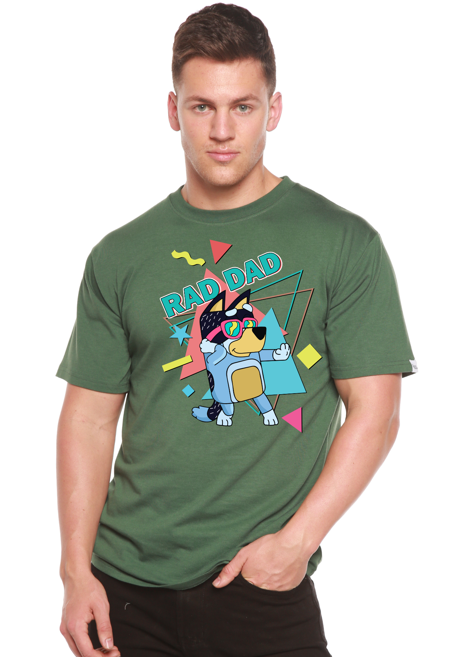 Rad Dad Bluey men's bamboo short sleeve graphic tee in green with colorful cartoon dog on Tampa Home & Garden Store
