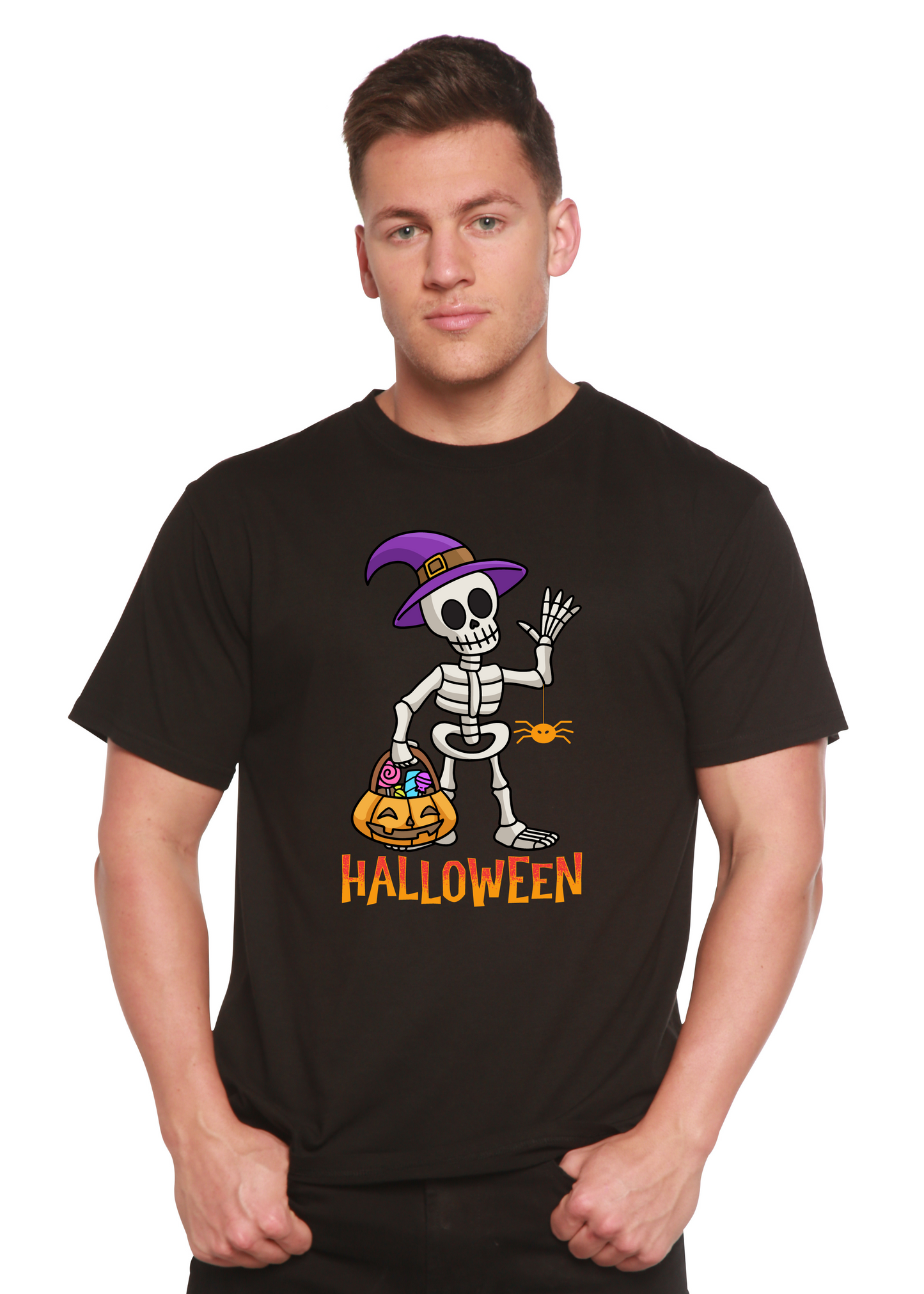 Unisex Halloween graphic tee bamboo viscose/organic cotton skeleton with purple hat on Tampa Home & Garden Store