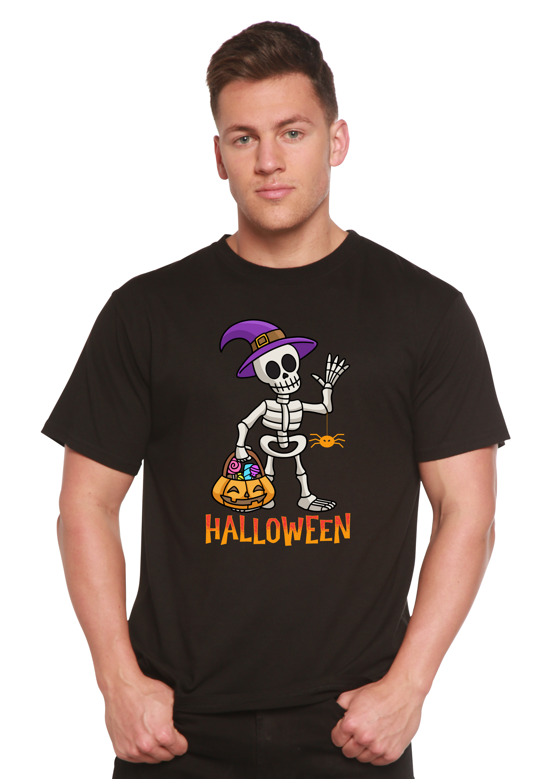 Unisex Halloween graphic tee bamboo viscose/organic cotton skeleton with purple hat on Tampa Home & Garden Store