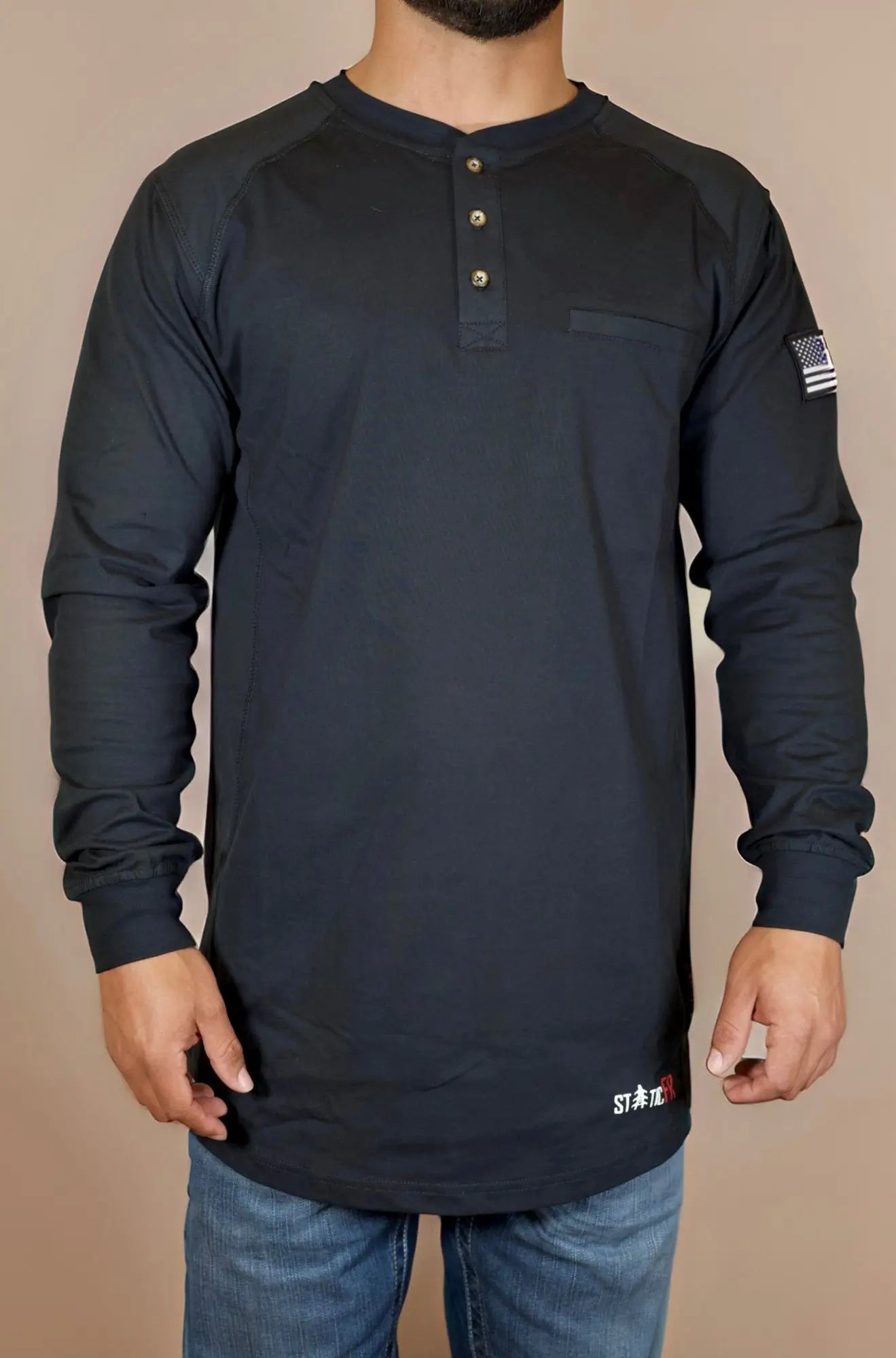 Static FR Black 3-Button Henley Shirt with long sleeves, chest pocket, US flag sleeve patch on Tampa Home & Garden Store