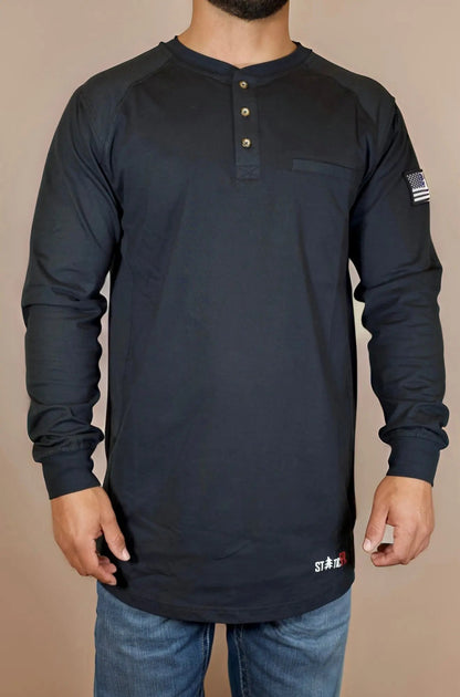 Static FR Black 3-Button Henley Shirt with long sleeves, chest pocket, US flag sleeve patch on Tampa Home & Garden Store