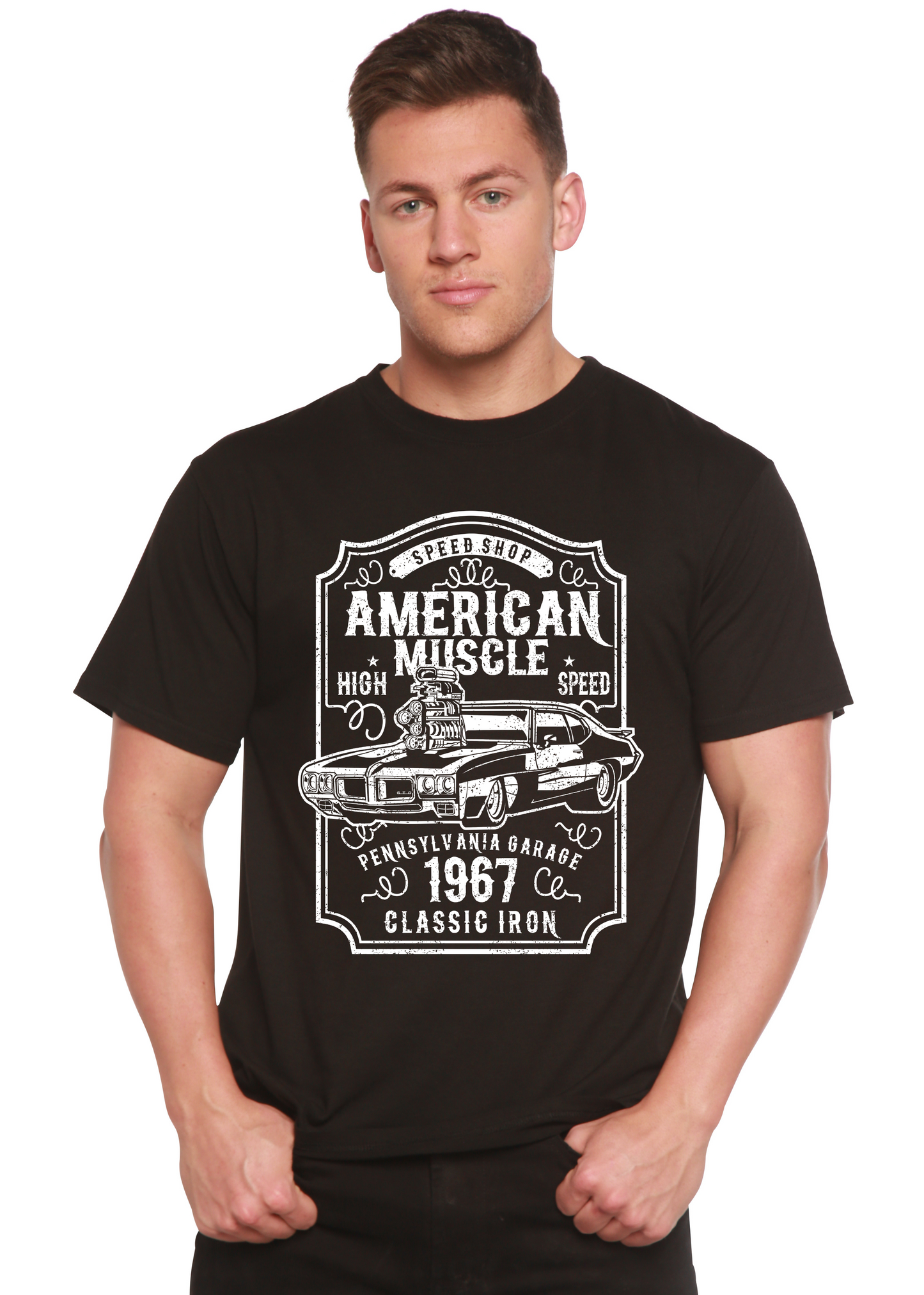 American Muscle men's bamboo viscose organic cotton graphic tee with vintage car print on Tampa Home & Garden Store