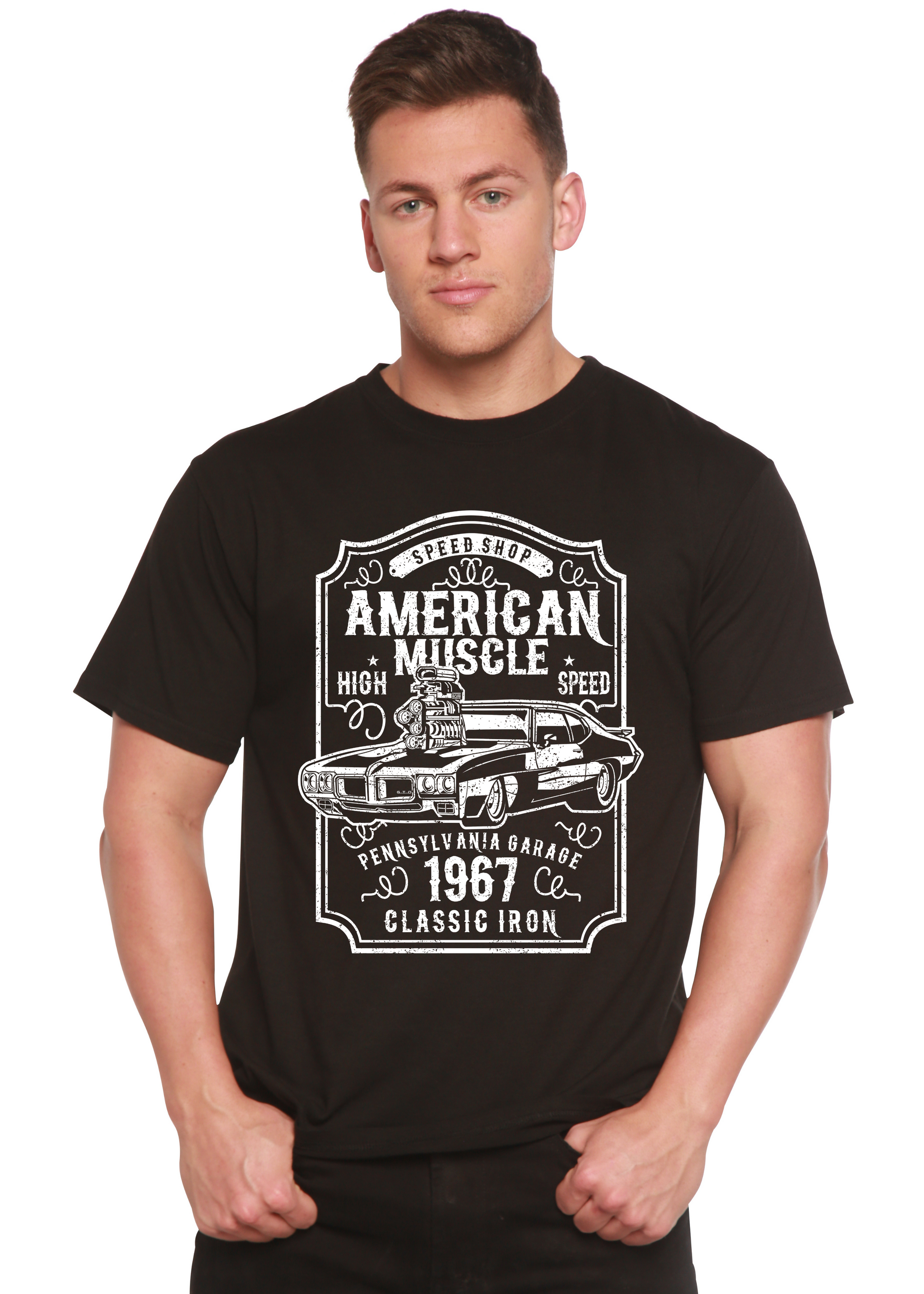 American Muscle men's bamboo viscose organic cotton graphic tee with vintage car print on Tampa Home & Garden Store