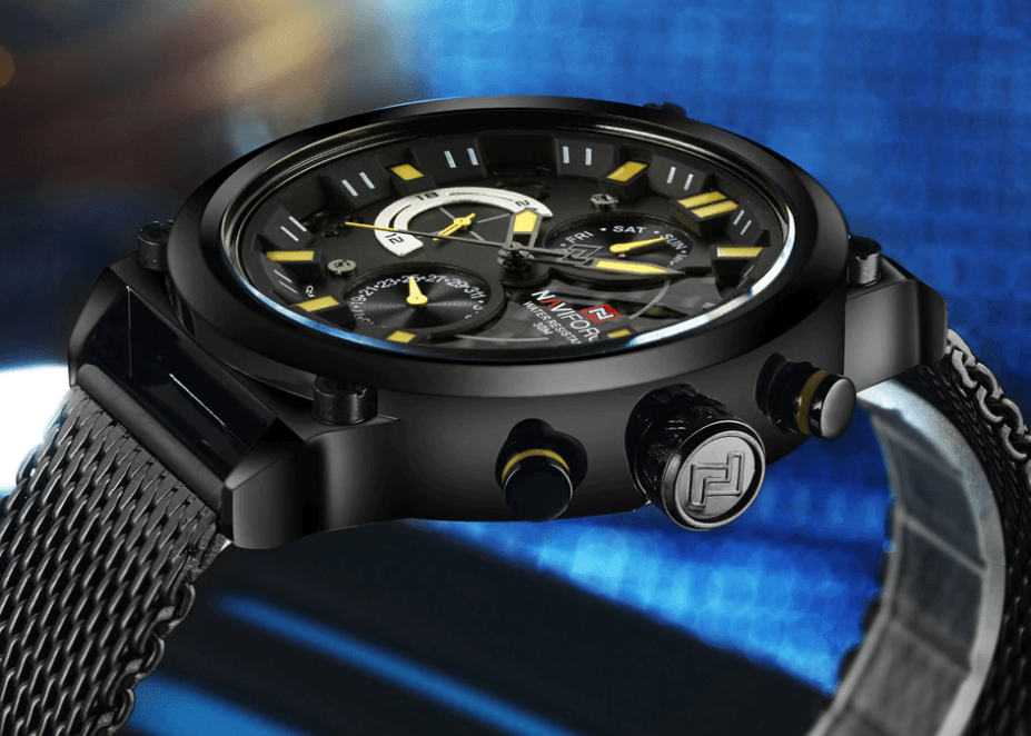 Men's black multifunction analog quartz watch by Stevvex with stainless steel mesh band on Tampa Home & Garden Store