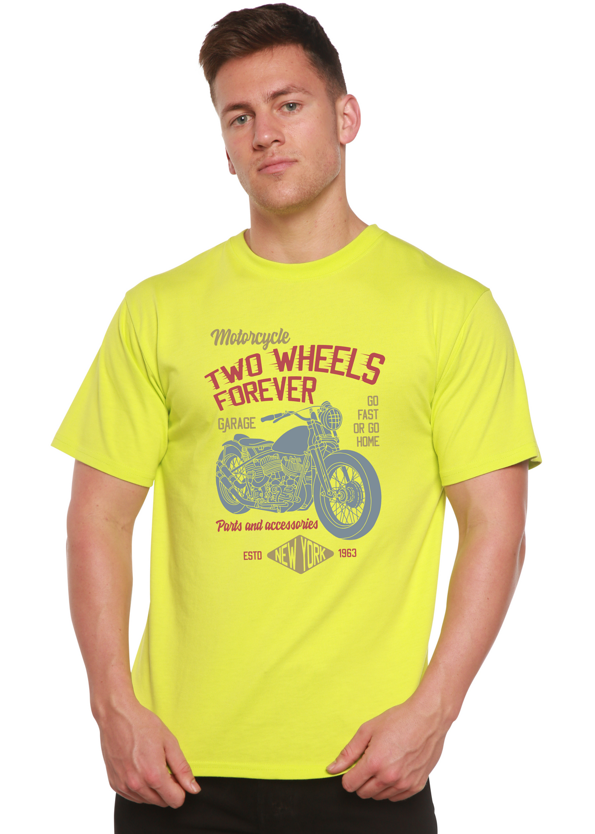 Two Wheels Forever men's graphic T-shirt neon yellow, bamboo viscose/organic cotton, Spun Bamboo on Tampa Home & Garden Store