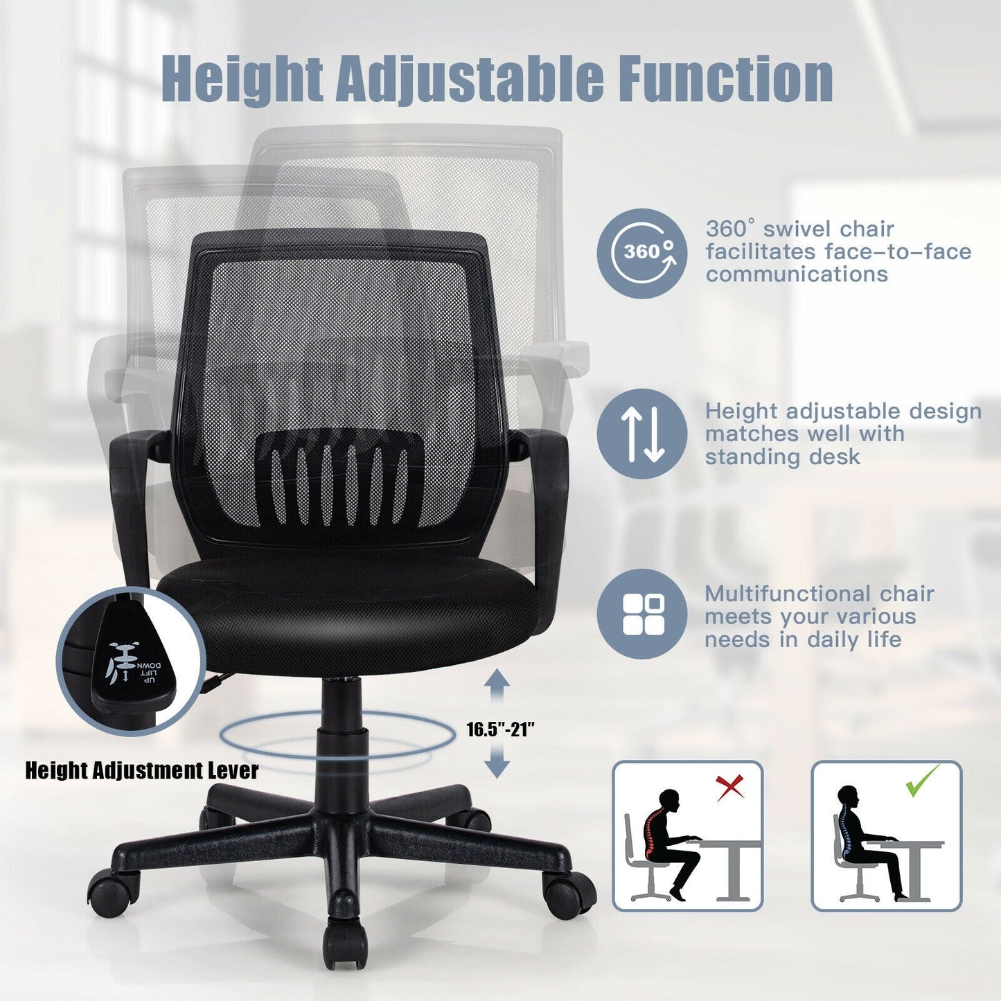 Sillón ejecutivo de malla de respaldo medio con soporte lumbar y altura ajustable