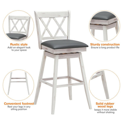 2 Pieces 29 Inches Swivel Counter Height Barstool Set with Rubber Wood Legs-White