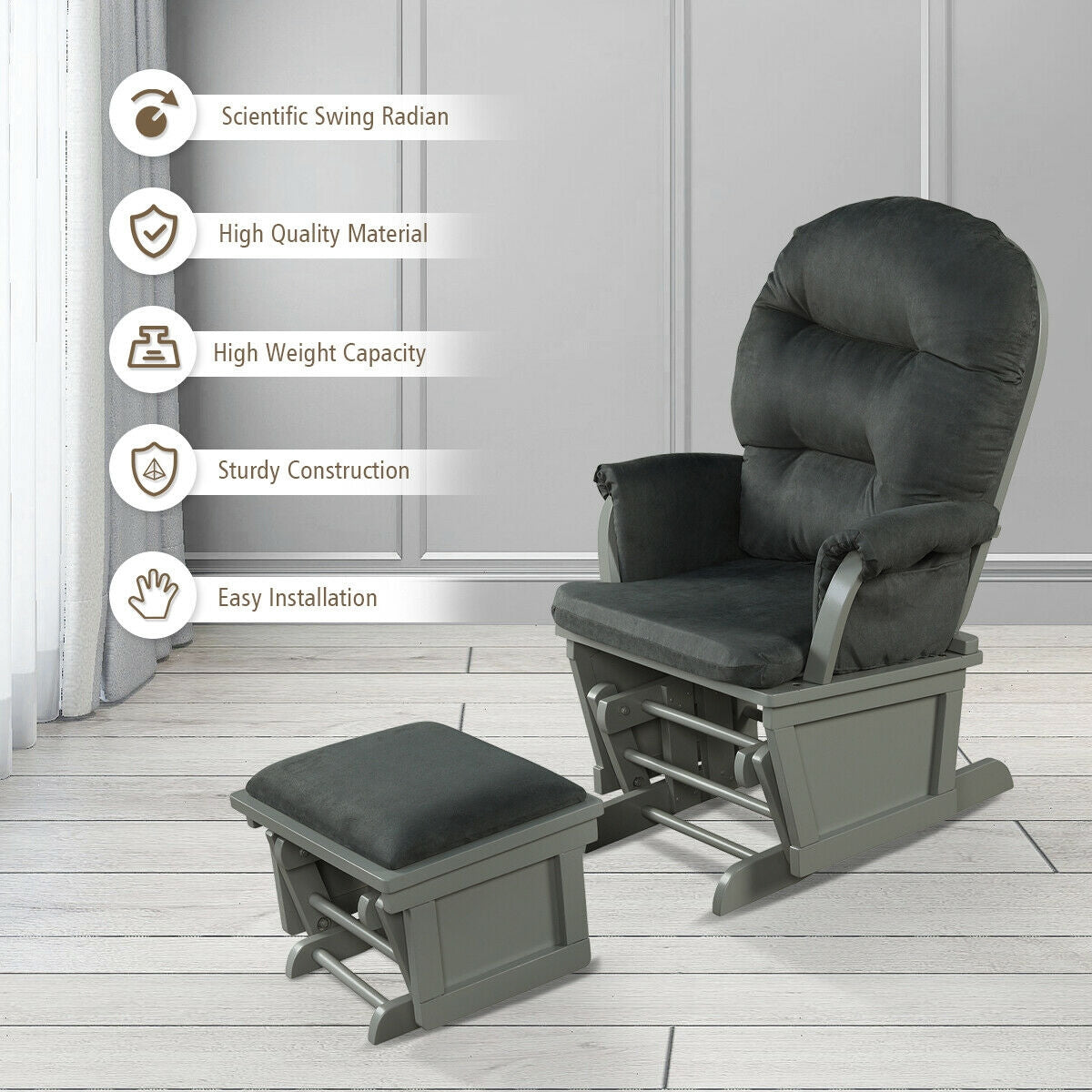 Juego de cojines para mecedora y otomana de madera para bebé con reposabrazos acolchados para lactancia - Gris