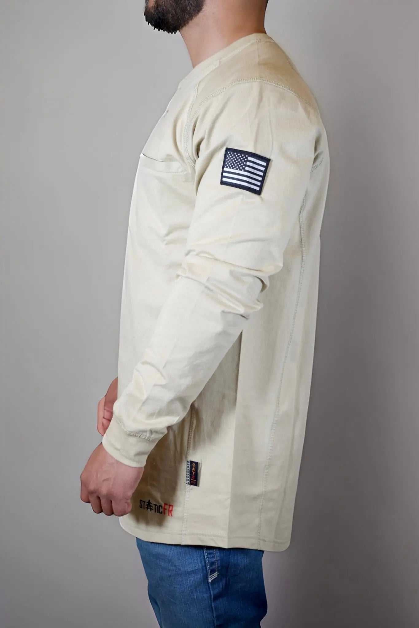 Static FR tan 3-Button Henley shirt with US flag sleeve patch on Tampa Home & Garden Store
