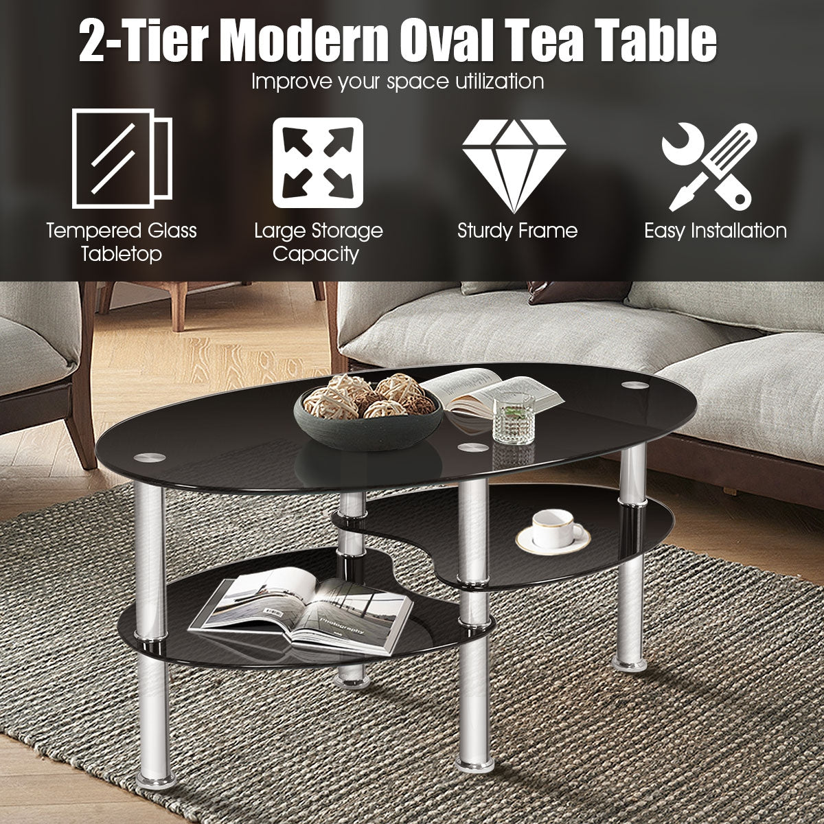 Mesa auxiliar de centro ovalada de cristal templado - Negra
